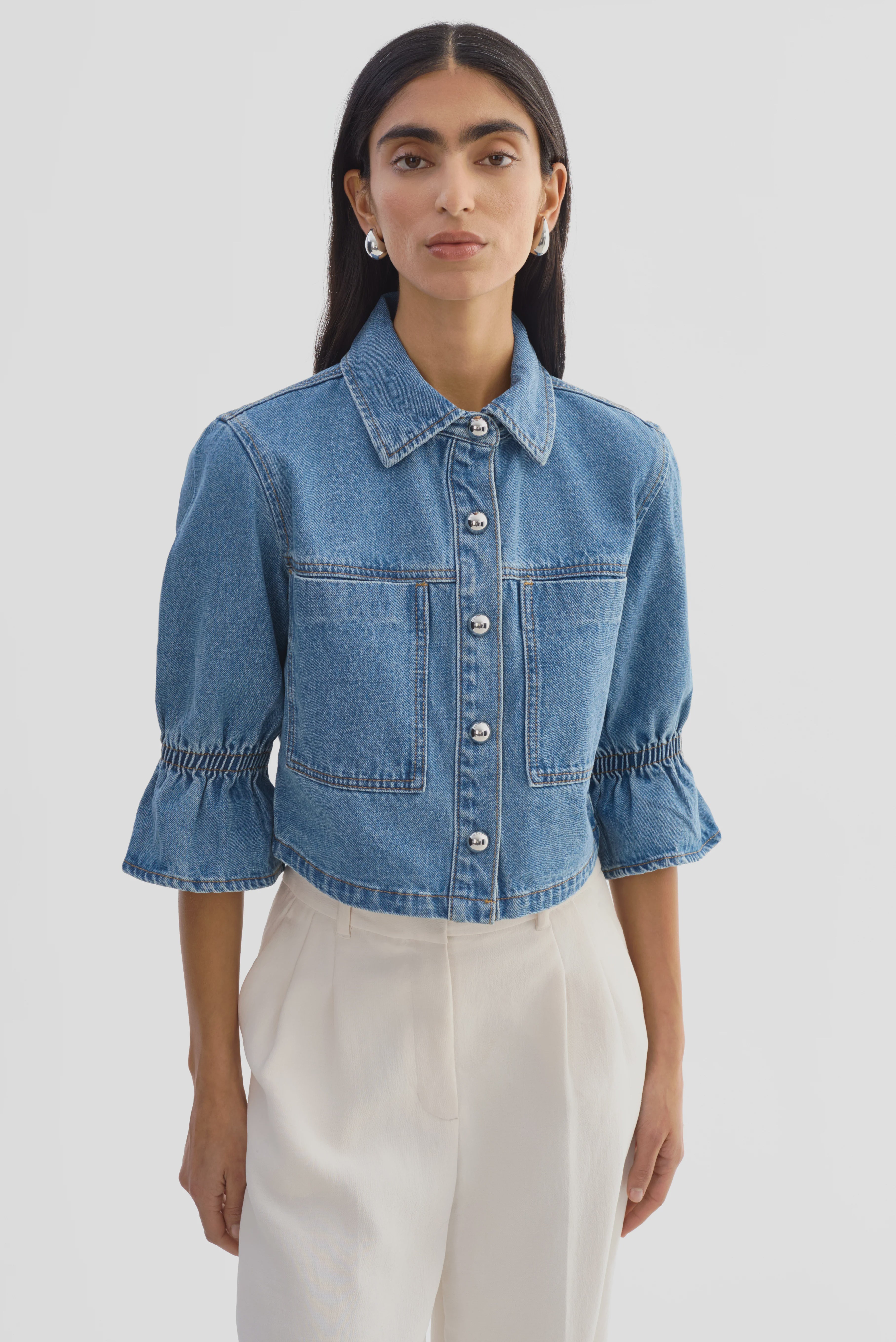 Carolina Denim Ruffle Sleeve Jacket – T. Georgiano's